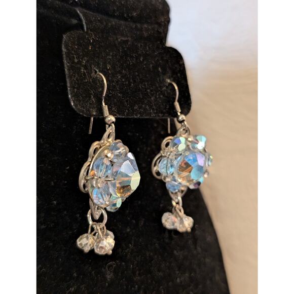 Vintage AB Crystal Three Clear Crystal Dangle Pierced Earrings - Picture 2 of 6